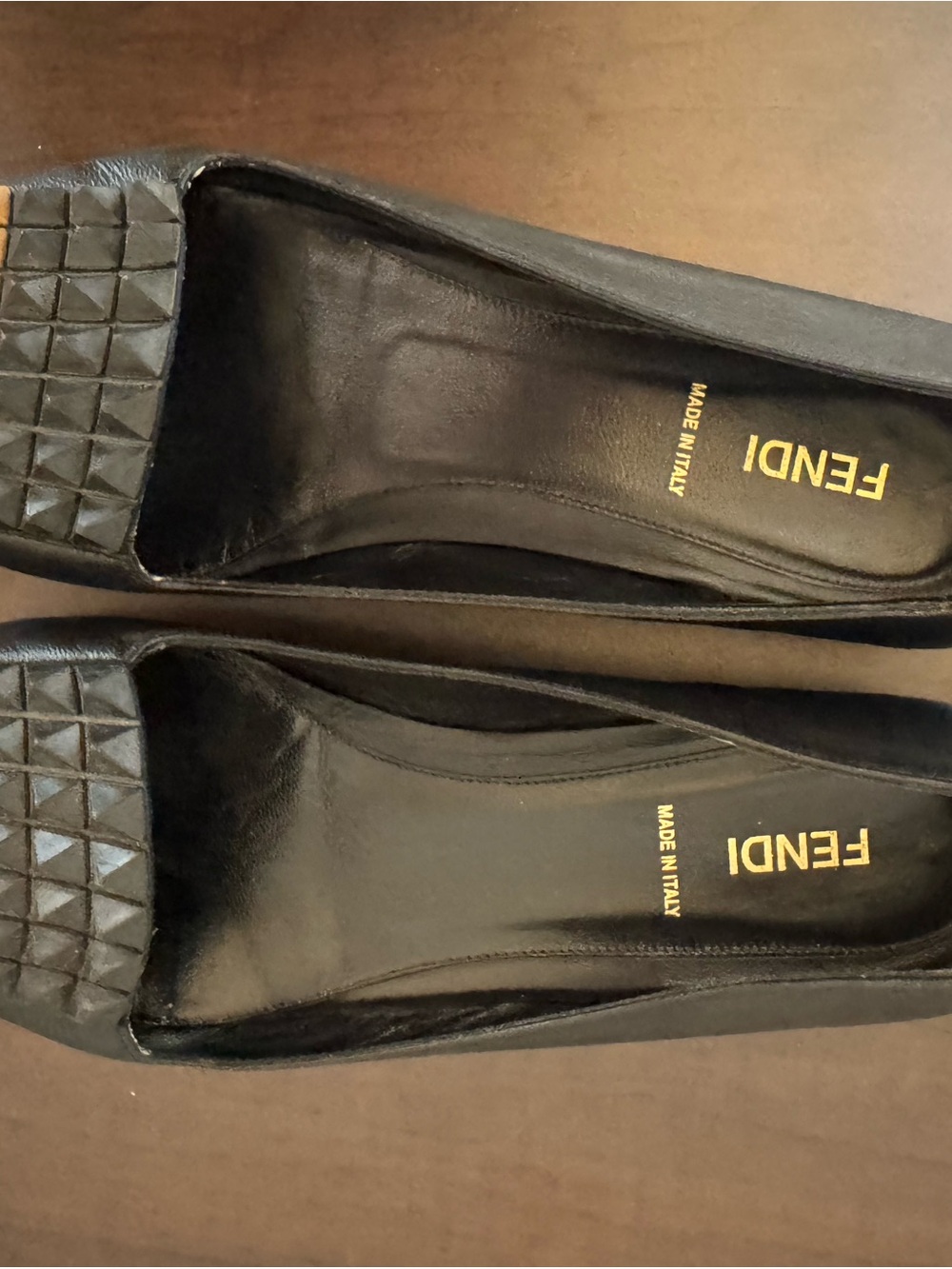 Fendi Black Leather Square-Toe Quilted-Detail Flats